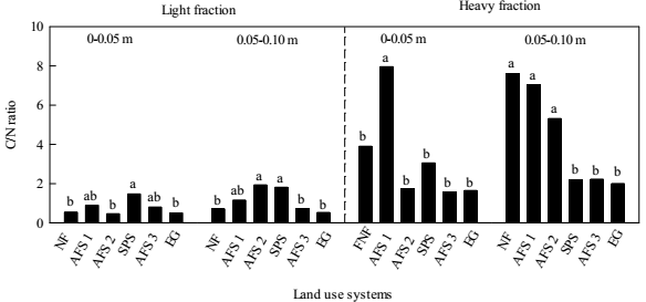 Ratio of carbon to total nitrogen (C/N) in the light and heavy fractions under different land use systems: Native Forest (NF): open evergreen forest, as a reference environment; Agroforestry System 1 (AFS 1): teak (Tectona grandis LF) and kudzu (Pueraria montana); Agroforestry System 2 (AFS 2): coffee (Coffea canephora), marandu palisade grass (Brachiaria brizantha cv. Marandu), pinho cuiabano (Parkia multijuca), teak and kudzu; Agroforestry System 3 (AFS 3): teak and cocoa (Theobroma cacao); Silvopasture System (SPS): teak, cocoa and marandu palisade grass; and Extensive Grazing (EG) [System]: marandu palisade grass. Capital letters compare the layers (m) in the same system while small letters compare the systems in the same soil layer, by the Tukey test (P < 0.05).