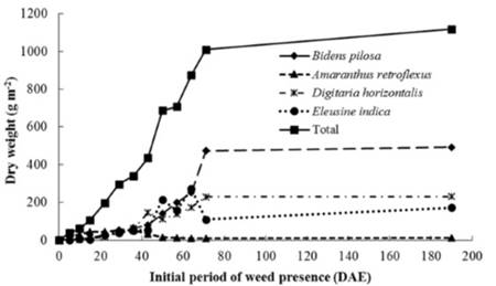 Total weed dry weight and dry weight of the main weed species for the treatments with initial weed presence (G1). Chapad&atilde;o do Sul - MS, 2009/2010.