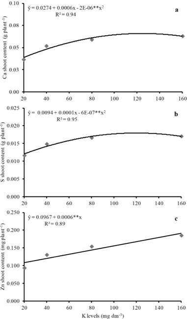 Calcium (a), sulfur (b) and zinc (c) content in the shoot of upland rice as affected by increasing K levels. **significantly different at p&le;0.01.