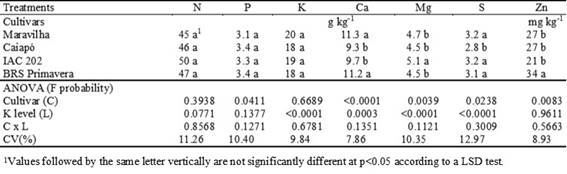 Nutrient concentration in the shoot of upland rice as affected by cultivar and increasing K levels.