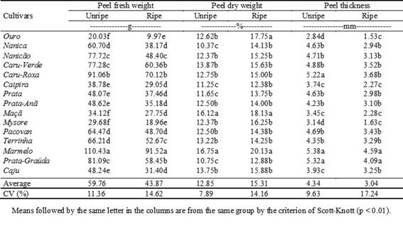 Peel fresh weight, dry weight percentage, thickness and their coefficients of variation (CV%) in peels of unripe and ripe fruits of 15 banana cultivars.