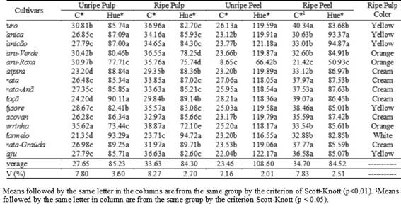 Color parameters of peel and pulp of unripe and ripe fruits (C* and Hue*), ripe pulp color and their coefficients of variation (CV%) in 15 banana cultivars.