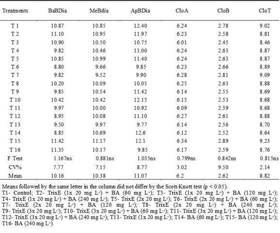 Basal branch diameter (BaBDia, cm), median branch diameter (MeBDia, cm), apical branch diameter (ApBDia, cm), Falker index for chlorophyll a (CloA), b (CloB) and total (CloT) (in FCI values) of the „Thompson Seedless‟ grapevine