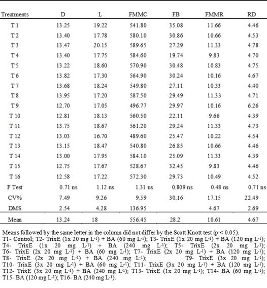 Diameter (D, cm), length (L, cm), fresh material mass of the clusters (FMMC, in g), free berries (FB, %), fresh material mass of the rachis (FMMR, in g) and rachis diameter (RD, in mm) of the ‘Thompson Seedless‟