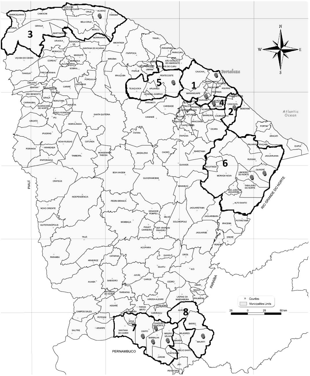 Cear&aacute; State map highlighting the regions where root samples were collected: 1- Fortaleza; 2- Cascavel; 3- Litoral Camocim and Acara&uacute;; 4- Pacajus; 5-M&eacute;dio Curu; 6- Baixo Jaguaribe; 7- Cariri; 8- Barro.