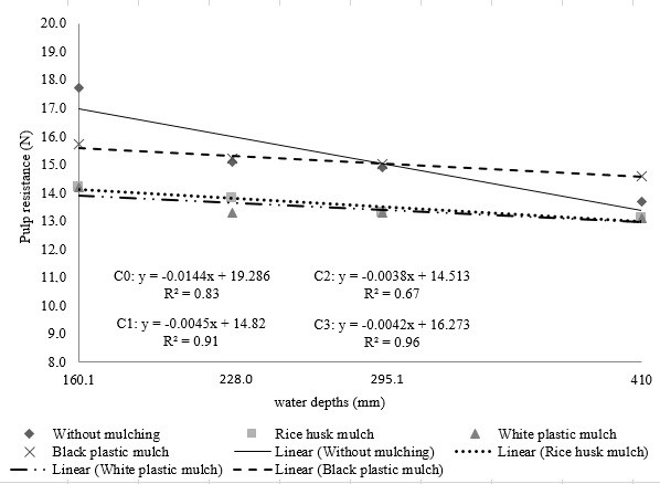Effects of water depths and mulches on the fruit pulp resistance (PR) during the second watermelon crop cycle.