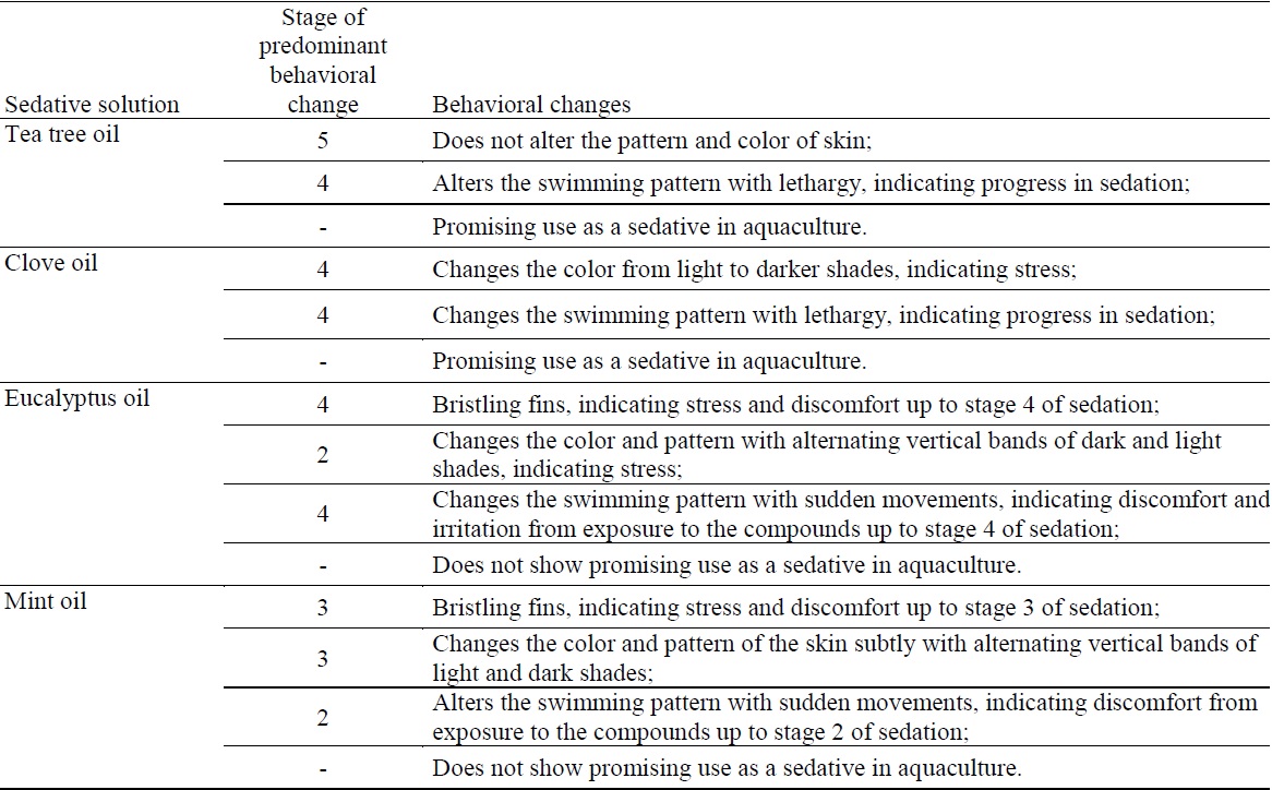 Behavioral changes in Nile tilapia juveniles subjected to thee four anesthetic solutions of essential oils.