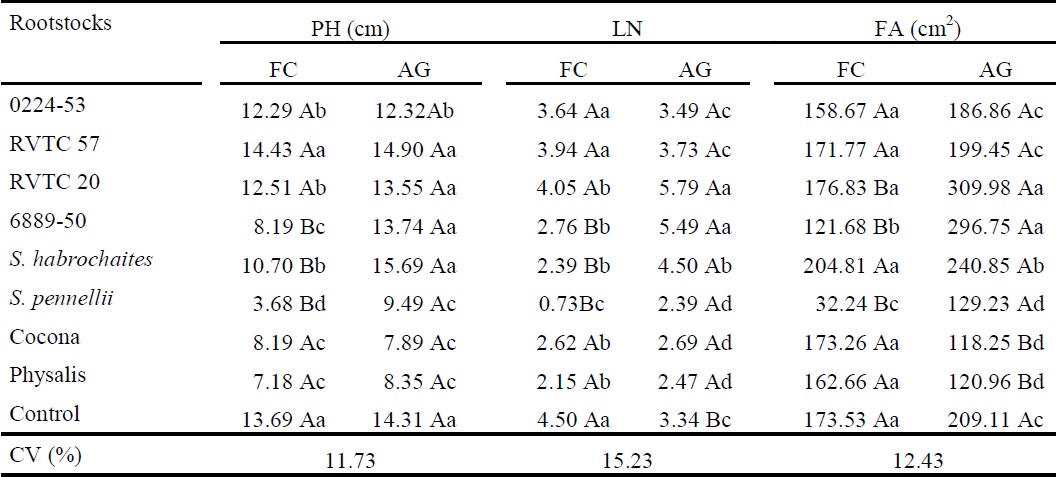 Plant height (PH), number of leaves (LN) and foliar area (FA) of tomato plants grafted on distinct solanaceous via two different methods [full cleft (FC) and approach graft (AG)], on the 15 day after grafting.