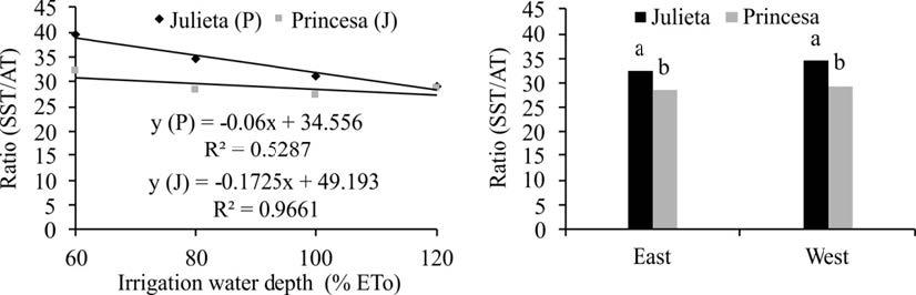 Soluble solids to titratable acidity ratio (SS/TA) of the apple (Malus domestica Borkh) cultivars Julieta and Princesa, grown in the Sub-Mid São Francisco River Valley, depending on the irrigation water depths (A) and fruit positions in the tree canopy (B).