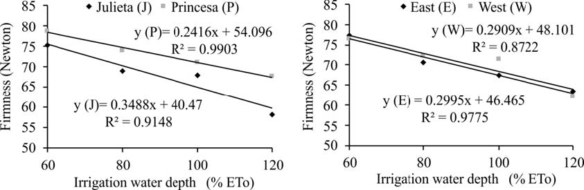Pulp firmness of apples (Malus domestica Borkh) grown in the Sub-Mid São Francisco River Valley depending on the interaction between irrigation water depths and cultivars (A) and the interaction between irrigation water depths and fruit positions in the tree canopy (B).