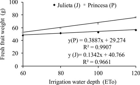 Fresh fruit weight (FW) of the apple (Malus domestica Borkh) cultivars Julieta and Princesa, grown in the Sub-Mid São Francisco River Valley, depending on irrigation water depths.