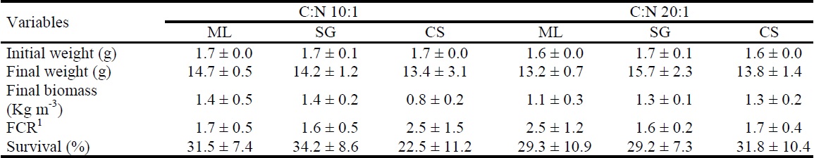 Mean (&plusmn;SD) growth performance of Nile tilapia (300 fingerlings m-3) reared for 63 days without water exchange, using carbon (C) to nitrogen (N) ratios of 10:1 and 20:1, adding molasses (ML), sugar (SG) and cassava starch (CS).