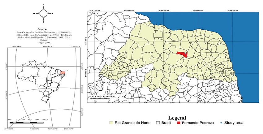 Geographic localization of the region of Sert&atilde;o Central de Lajes in the state of Rio Grande do Norte, Brazil. (Google Maps, 2012).