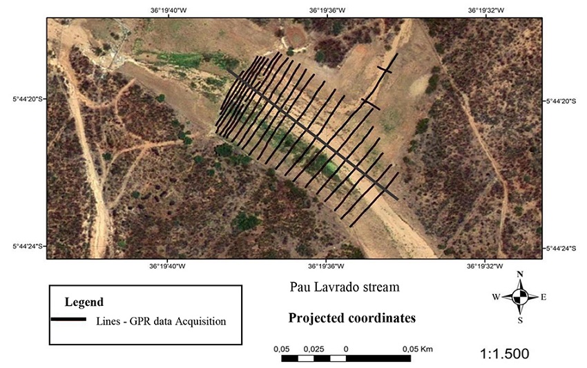 Grid of the GPR line used to choose the allocation points of the underground dams in the sub-watershed sections of the Pau Lavrado stream.