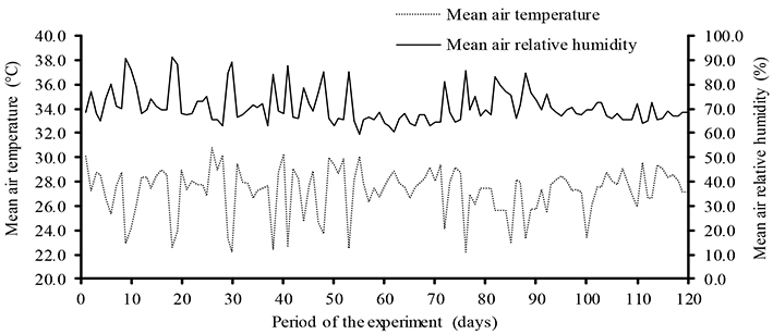 Daily mean temperature and relative humidity of the air inside the greenhouse during the experimental period.