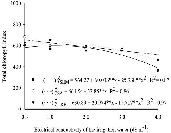 Total chlorophyll content of jackfruit seedlings, in soil without nitrogen (-), with ammonium sulfate (- - -) and with urea (····), as a function of the salinity of the irrigation water.