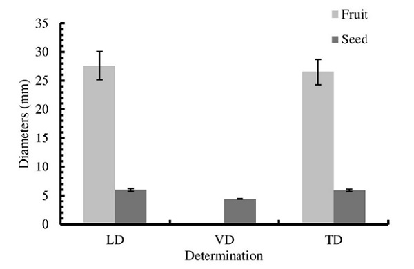 Longitudinal (LD), ventral (VD) and transversal (TD) diameters of fruits and seeds of Psidium sobralianum Landrum & Proen&ccedil;a.