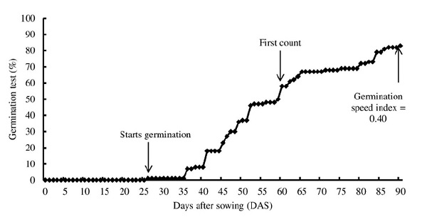 Germination test, first count of germinated seeds, and germination speed index of Psidium sobralianum Landrum & Proen&ccedil;a seeds.
