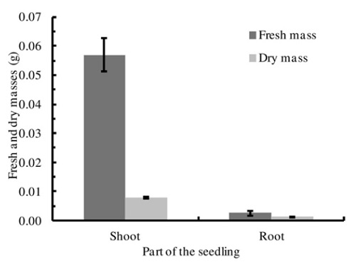 Fresh shoot (hypocotyl + epicotyl + eophile) and root (primary root) masses, and dry shoot and root masses of Psidium sobralianum Landrum & Proen&ccedil;a seedlings.