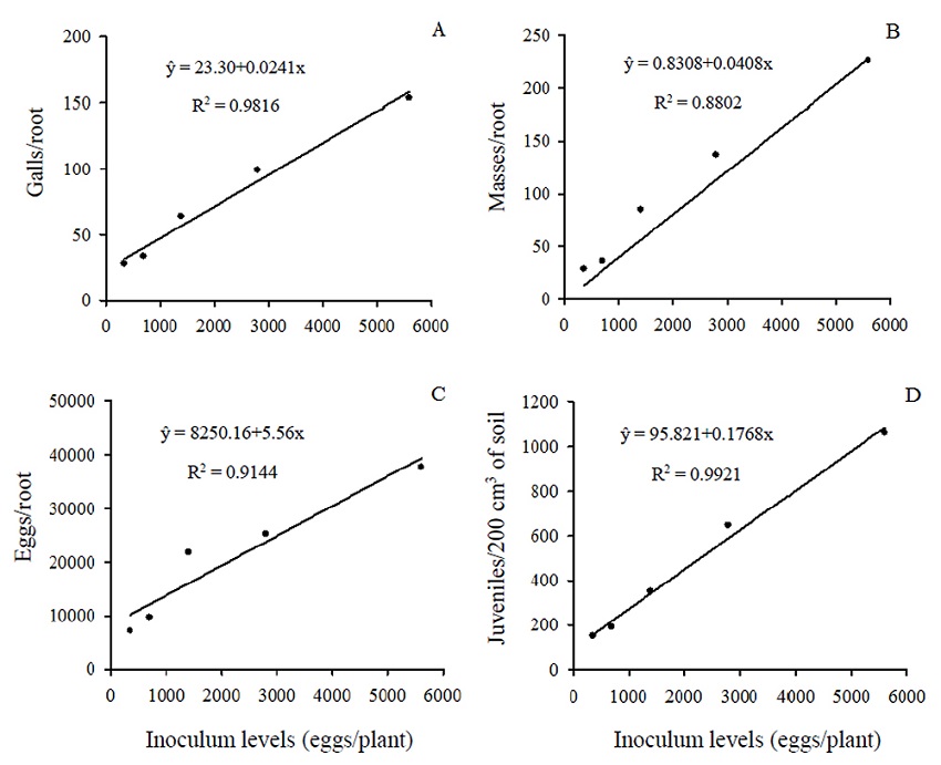 Numbers of galls (A), number of egg masses (B), and number of eggs + possible J2 (C) per C. abyssinica root, and number of juveniles per 200 cm3 of soil (D) at 45 days after inoculation with increasing egg levels of Meloidogyne javanica.