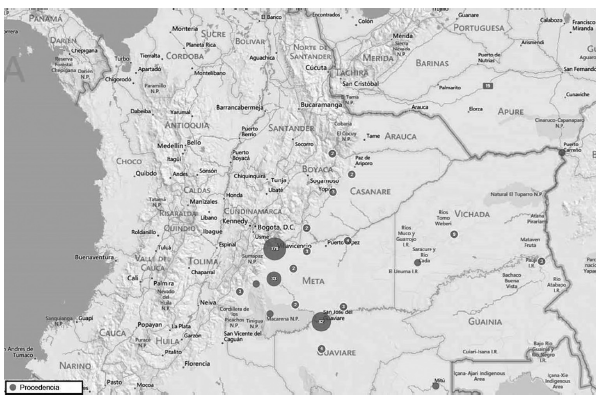 Mapa epidemiológico con la procedencia de los niños operados por labio y paladar hendido en Villavicencio (2008-2014).