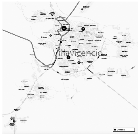 Distribución geográfica de la comuna de procedencia de los niños operados por labio y paladar hendido de Villavicencio (2008-2014).