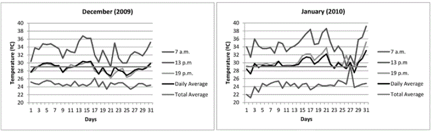 Temperature variation in the study area during the months December (2009) and January (2010), Ambalema (Colombia).