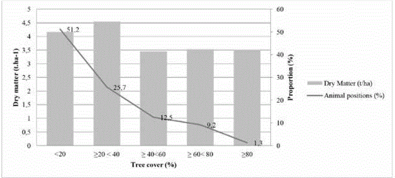 Edible biomass (t. ha-1) and animal positions under different tree cover in a pasture from Tolima, Colombia.