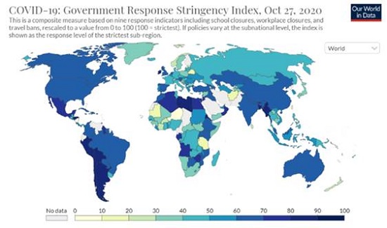 COVID-19: Government Response Stringency Index, Oct 27, 2020