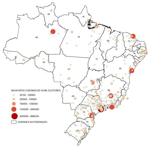 Localização geográfica dos municípios com mais de 50 mil eleitores