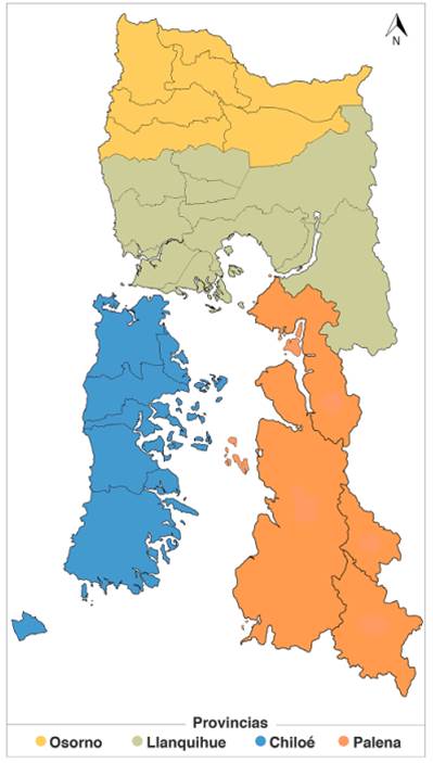 Mapa de fragmentaci&oacute;n institucional de la Regi&oacute;n de Los Lagos, Chile