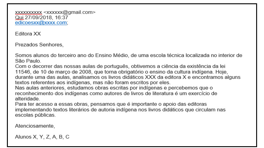 Figura 3 – Layout de uma carta argumentativa produzida por um dos grupos.