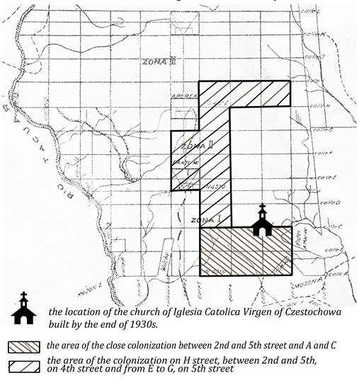 Fram’s colony plan, 1930s
(Carmen del Paraná, Republic of Paraguay) with marked clusters
of Polish emigrants