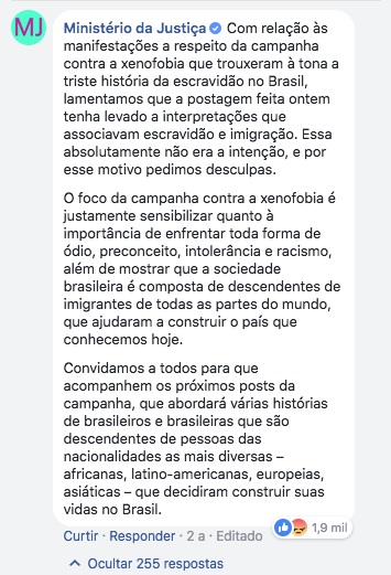 Nota do Minist&eacute;rio da Justi&ccedil;a no Facebook