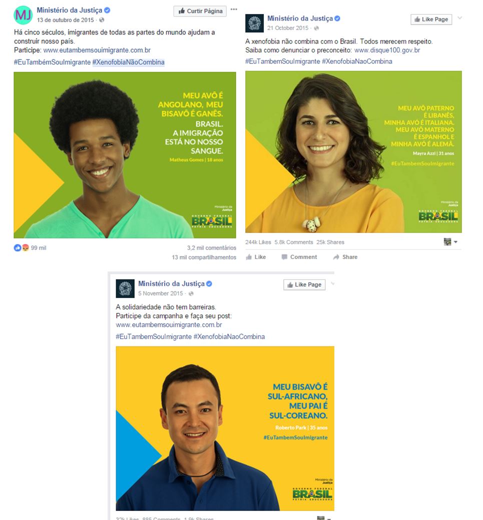 Posts no Facebook com a hashtag #eutambemsouimigrante (pe&ccedil;as produzidas pelo Minist&eacute;rio da Justi&ccedil;a)