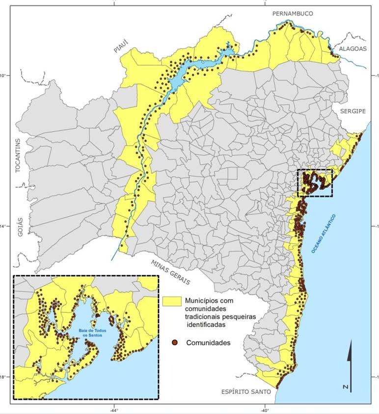 Mapa das comunidades tradicionais
pesqueiras identificadas no litoral baiano e no curso do Rio S&atilde;o Francisco,
2016