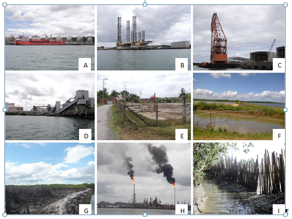 Alguns empreendimentos industriais
inseridos nos territ&oacute;rios pesqueiros (a. Porto de Aratu; b. Base naval; c.
estaleiros; d. Moinho Dias Branco - aliment&iacute;cia; e. Po&ccedil;os de explora&ccedil;&atilde;o de
petr&oacute;leo; f e g. viveiros de camar&atilde;o &ndash; carcinicultura; h. Refinaria
Landulpho Alves; i. Fazendas de carcinicultura)
