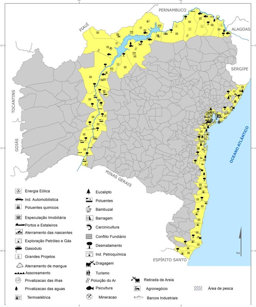 Mapa dos principais conflitos e disputas
territoriais identificadas em comunidades tradicionais pesqueiras do litoral
e do Rio S&atilde;o Francisco, 2016