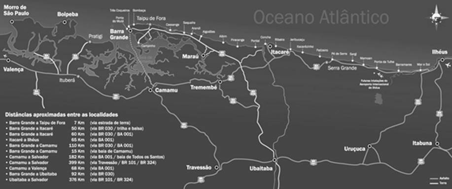 Mapa rodoviário do
Baixo Sul e Litoral Sul