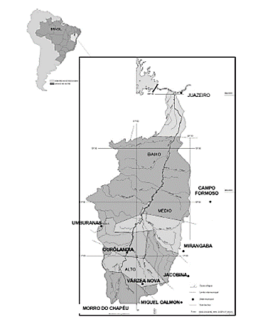 Localização da Bacia
Hidrográfica do Rio Salitre em relação ao Brasil e ao semiárido
baiano