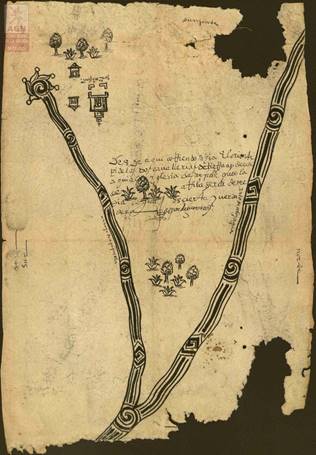 Representaci&oacute;n del r&iacute;o Atoyac en una solicitud de merced de tierras en el pueblo de Huejotzingo, 1582