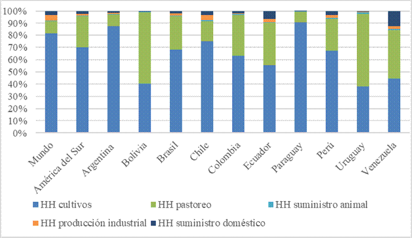 Mundo y Am&eacute;rica del Sur. Composici&oacute;n de la huella h&iacute;drica de la producci&oacute;n. 1996-2005 (en porcentaje)