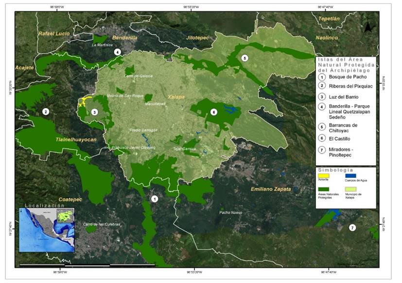 Localizaci&oacute;n de la zona de estudio la ciudad de Xalapa y la dis&shy;tribuci&oacute;n de las islas del &Aacute;rea Natural Protegida Archipi&eacute;lago de Bosques y Selvas de Xalapa