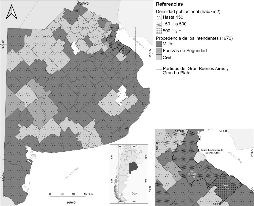 Densidad poblacional y procedencia de los intendentes municipales. PBA, 1976.