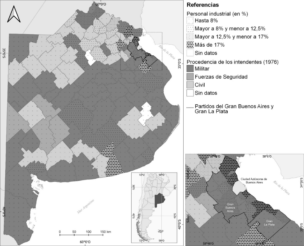 Poblaci�n ocupada en actividades industriales (en %) y procedencia de los intendentes municipales. PBA, 1976.