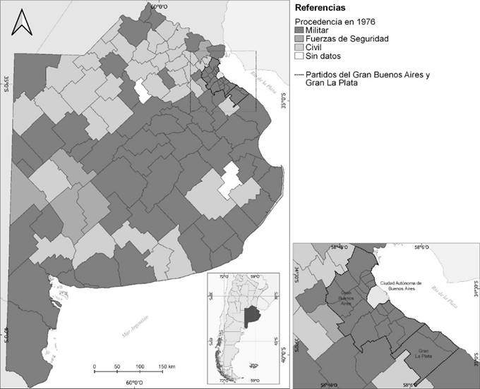Procedencia de los intendentes por municipio. PBA, 1976.