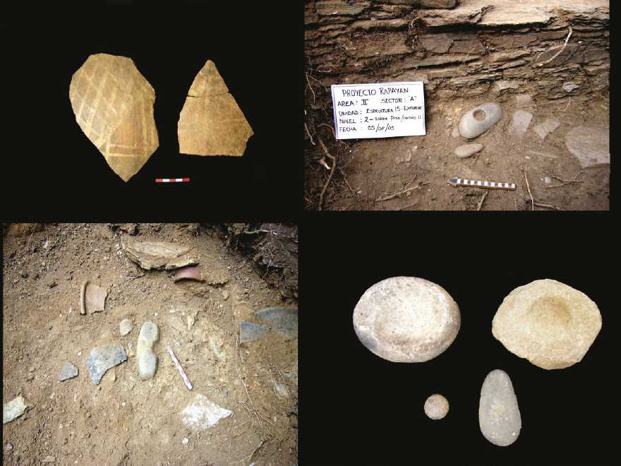 Arriba, izquierda: fragmento de vasija incaica, nivel 2, estructura 15. Arriba, derecha: herramientas líticas y fragmentos de cerámica, nivel 2, estructura 15. Abajo, izquierda: herramientas líticas, cerámica Tantamayo A rojo estampado, algunos fragmentos con residuos de carbón; asa de aríbalo incaico, nivel 2, estructura 15. Abajo, derecha: chancadoras y morteritos, niveles 3 y 2, estructura 15 (fotos: Alexis Mantha y Hernando Malca Cardoza).