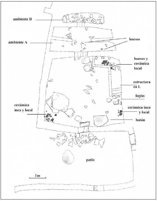 Planta del nivel 2 de la estructura 15, área ii. Se ven algunos elementos construidos en el nivel 3 (sobre piso): batán, fogón y estructura en L (dibujo: Hernando Malca Cardoza y Alexis Mantha).