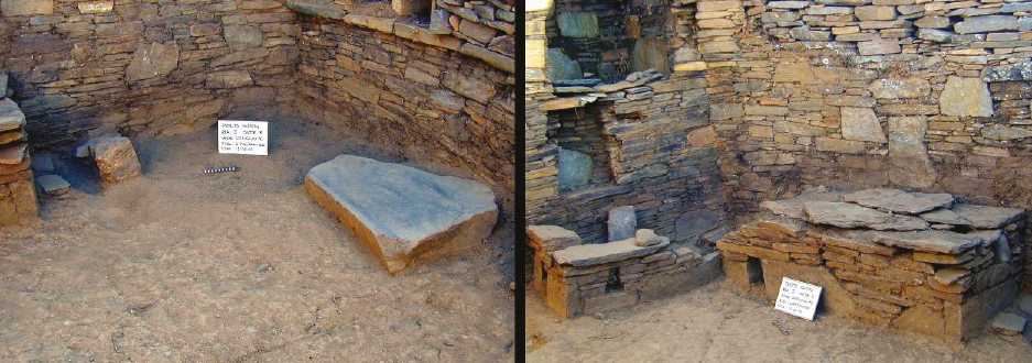 Izquierda: fogón y batán sobre el piso (nivel 3), estructura 30, área II. Derecha: estructura en forma de L sobre el piso (nivel 3), estructura 30, área II (fotos: Alexis Mantha).