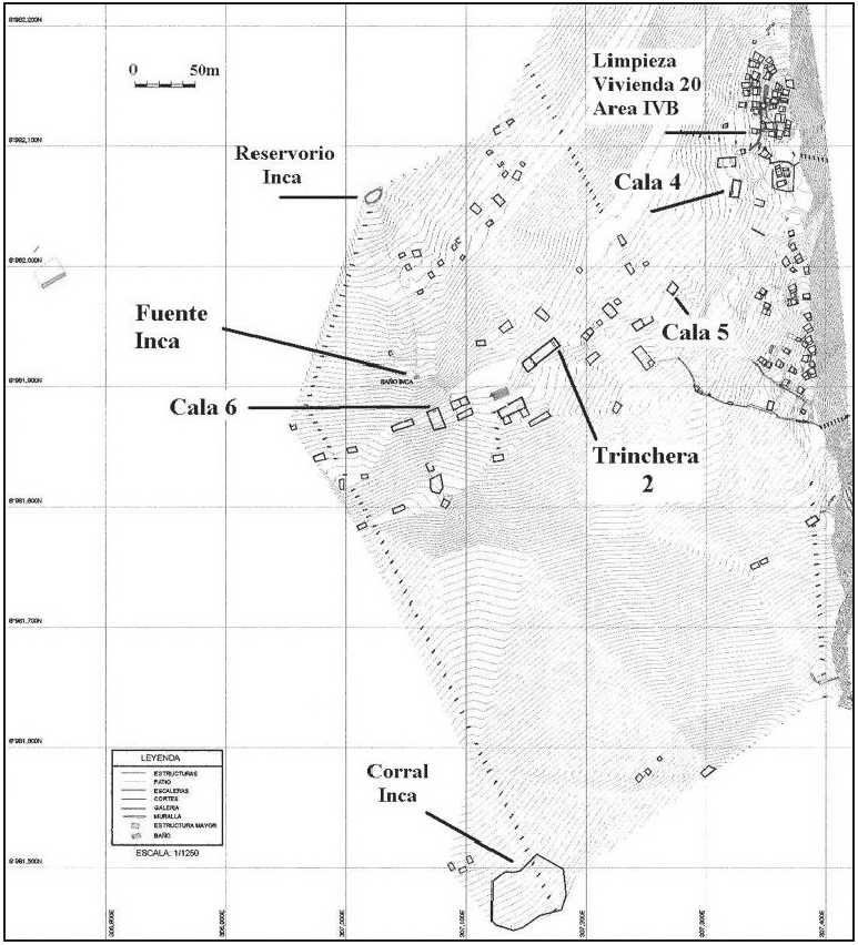 Sector incaico del sitio de Rapayán indicando las zonas excavadas(mapa: Alexis Mantha).